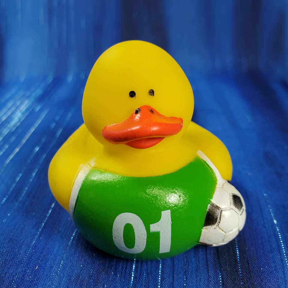 Retired Soccer Rubber Duck - Green and White - Click Image to Close